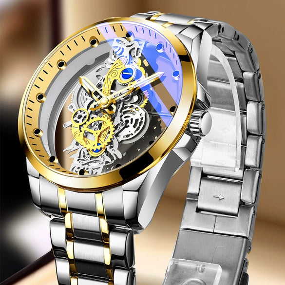 Men's Stainless Steel Doublesided Transparent Hollow Automatic Waterproof Luminous Quartz Watch With Round Dial