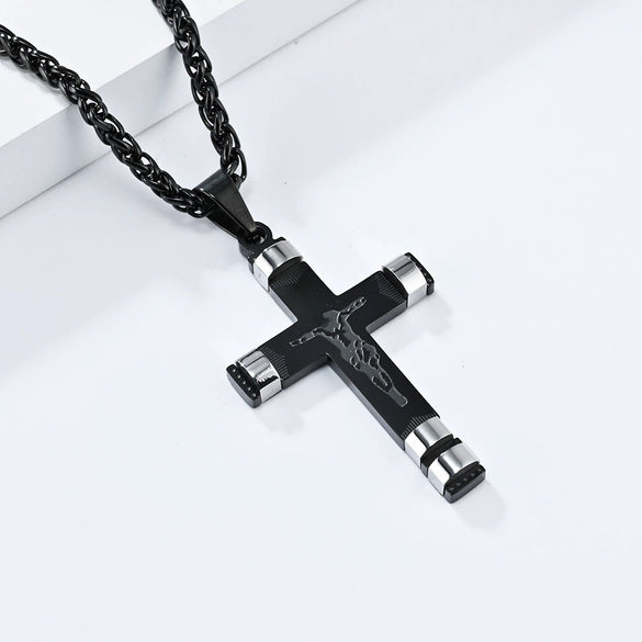 Men's Stainless Steel Geometric Cross Pendant Necklace With Polished Finish Trendy Personal Style Jewelry Gift