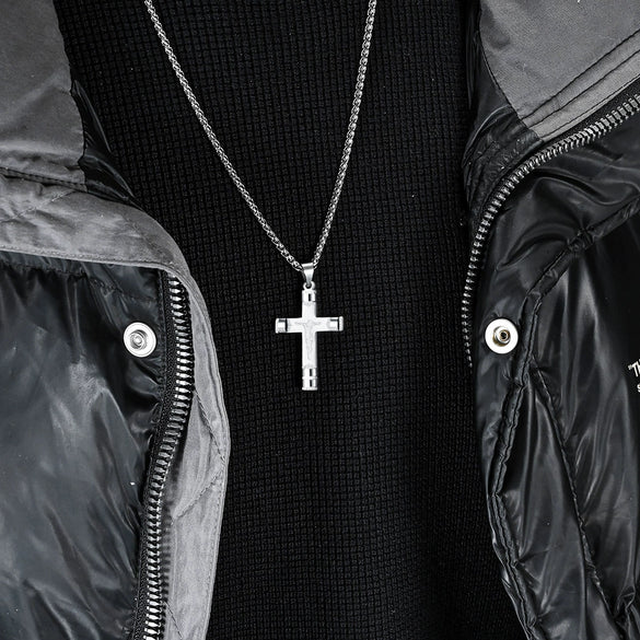 Men's Stainless Steel Geometric Cross Pendant Necklace With Polished Finish Trendy Personal Style Jewelry Gift