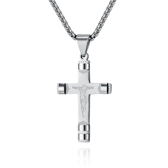 Men's Stainless Steel Geometric Cross Pendant Necklace With Polished Finish Trendy Personal Style Jewelry Gift