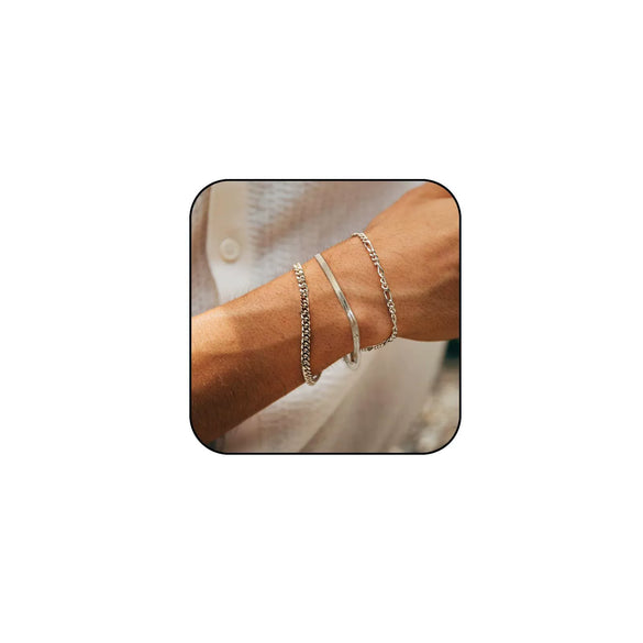 Men's Stainless Steel Geometric Cuban Chain Bracelet Set Electroplated Silver Tone Stacked Punk Fashion Accessories