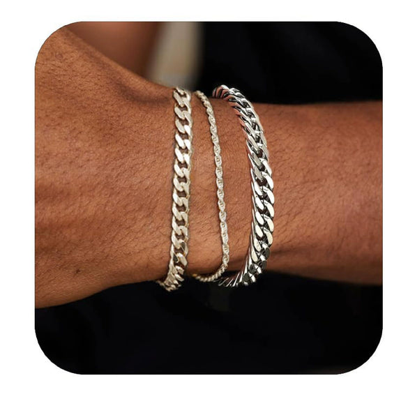 Men's Stainless Steel Geometric Cuban Chain Bracelet Set Electroplated Silver Tone Stacked Punk Fashion Accessories