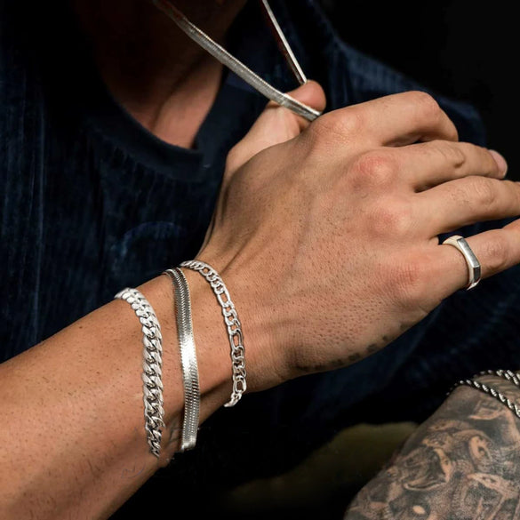 Men's Stainless Steel Geometric Cuban Chain Bracelet Set Electroplated Silver Tone Stacked Punk Fashion Accessories