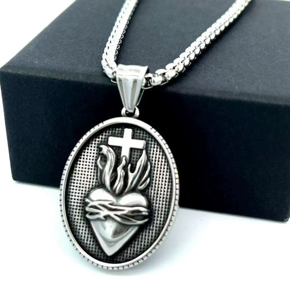 Men's Stainless Steel Heartshaped Pendant Necklace With Geometric Style And Polishing Process