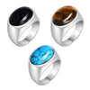 Men's Stainless Steel Inlaid Black Agate Geometric Oval Ring With Polish Finish