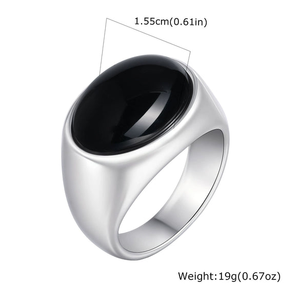 Men's Stainless Steel Inlaid Black Agate Geometric Oval Ring With Polish Finish