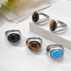 Men's Stainless Steel Inlaid Black Agate Geometric Oval Ring With Polish Finish
