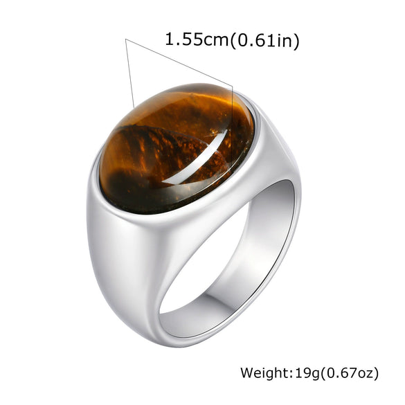 Men's Stainless Steel Inlaid Black Agate Geometric Oval Ring With Polish Finish