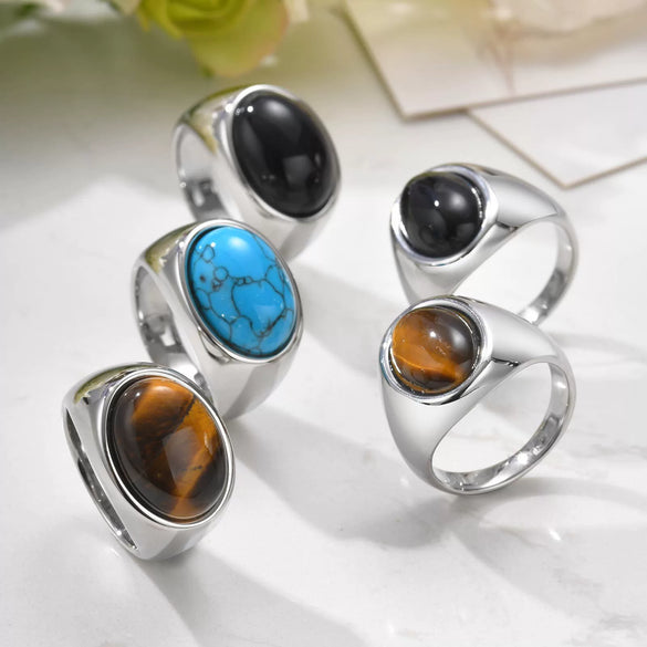 Men's Stainless Steel Inlaid Black Agate Geometric Oval Ring With Polish Finish