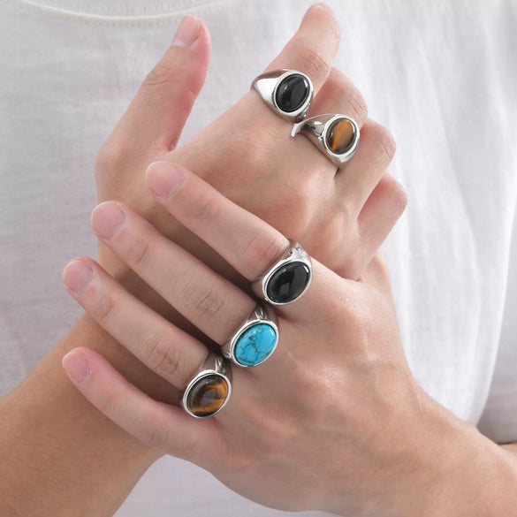 Men's Stainless Steel Inlaid Black Agate Geometric Oval Ring With Polish Finish