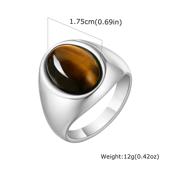 Men's Stainless Steel Inlaid Black Agate Geometric Oval Ring With Polish Finish