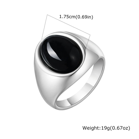 Men's Stainless Steel Inlaid Black Agate Geometric Oval Ring With Polish Finish
