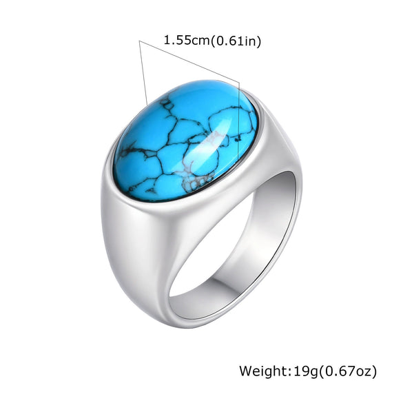Men's Stainless Steel Inlaid Black Agate Geometric Oval Ring With Polish Finish