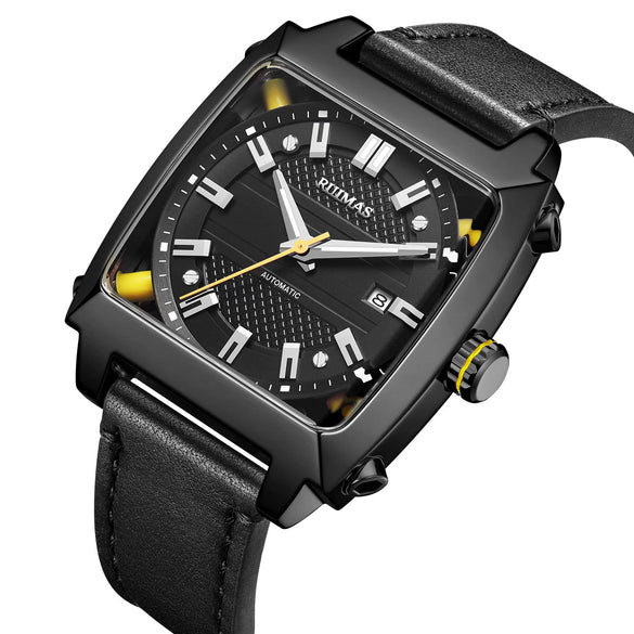 Men's Stainless Steel Leather Mechanical Casual Watch With Rectangular Dial And Sapphire Crystal Glass Mirror
