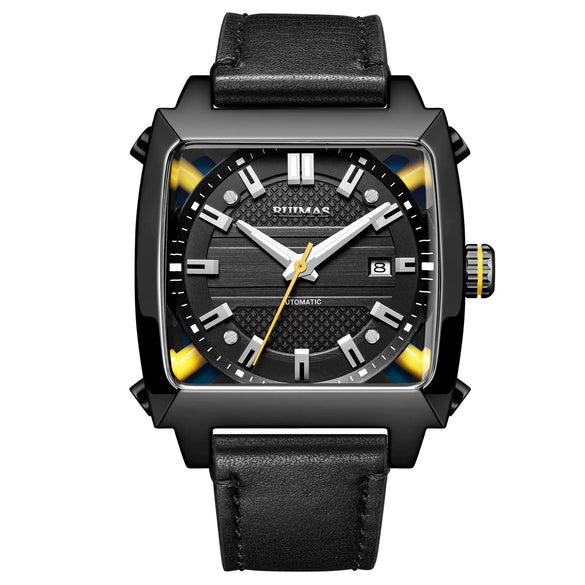 Men's Stainless Steel Leather Mechanical Casual Watch With Rectangular Dial And Sapphire Crystal Glass Mirror