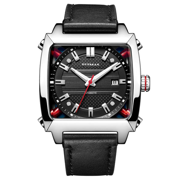 Men's Stainless Steel Leather Mechanical Casual Watch With Rectangular Dial And Sapphire Crystal Glass Mirror