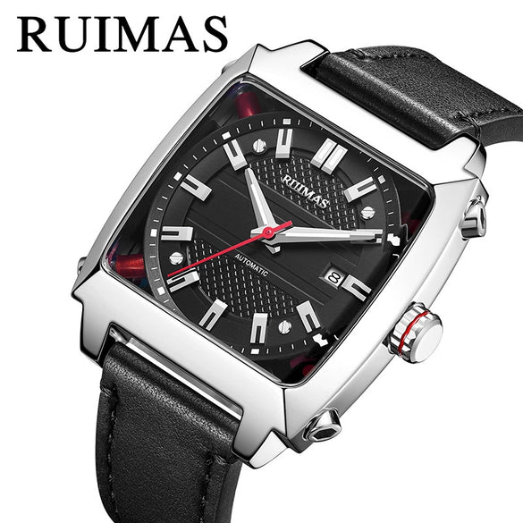 Men's Stainless Steel Leather Mechanical Casual Watch With Rectangular Dial And Sapphire Crystal Glass Mirror