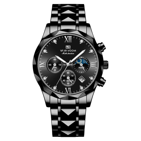 Men's Stainless Steel Metal Watch Waterproof Business Style With Three Dimensional Diamond Face And Round Dial