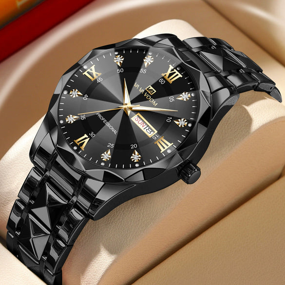 Men's Stainless Steel Metal Watch Waterproof Business Style With Three Dimensional Diamond Face And Round Dial