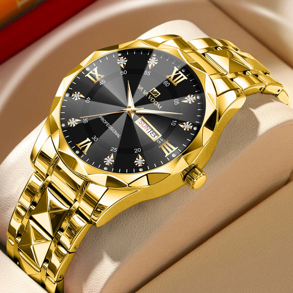 Men's Stainless Steel Metal Watch Waterproof Business Style With Three Dimensional Diamond Face And Round Dial