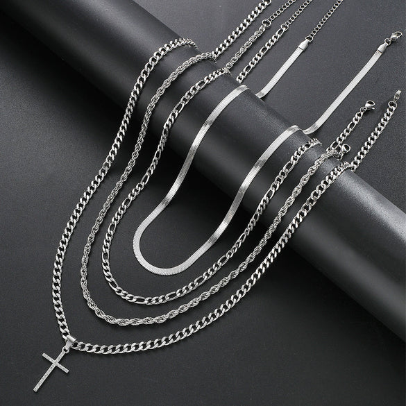 Men's Stainless Steel Multilayer Cuban Chain Cross Necklace With Geometric Pendant And Electroplated Finish