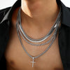 Men's Stainless Steel Multilayer Cuban Chain Cross Necklace With Geometric Pendant And Electroplated Finish