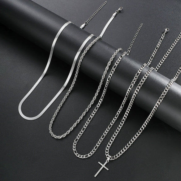 Men's Stainless Steel Multilayer Cuban Chain Cross Necklace With Geometric Pendant And Electroplated Finish