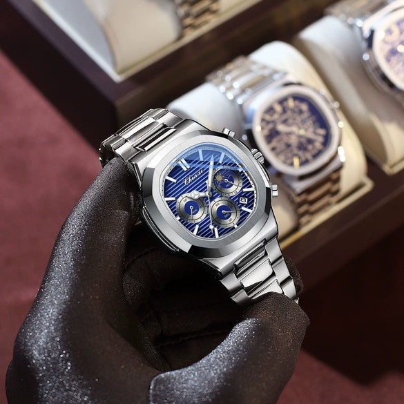 Men's Stainless Steel Octagonal Business Quartz Watch With Calendar Moon Phase Chronograph Function