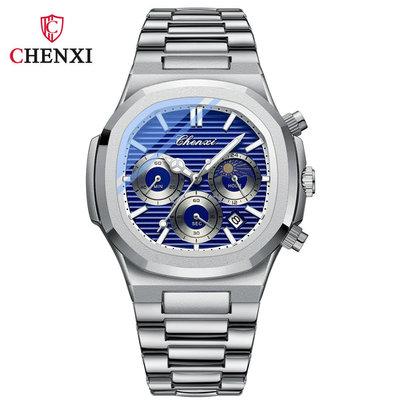 Men's Stainless Steel Octagonal Business Quartz Watch With Calendar Moon Phase Chronograph Function