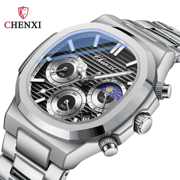 Men's Stainless Steel Octagonal Business Quartz Watch With Calendar Moon Phase Chronograph Function