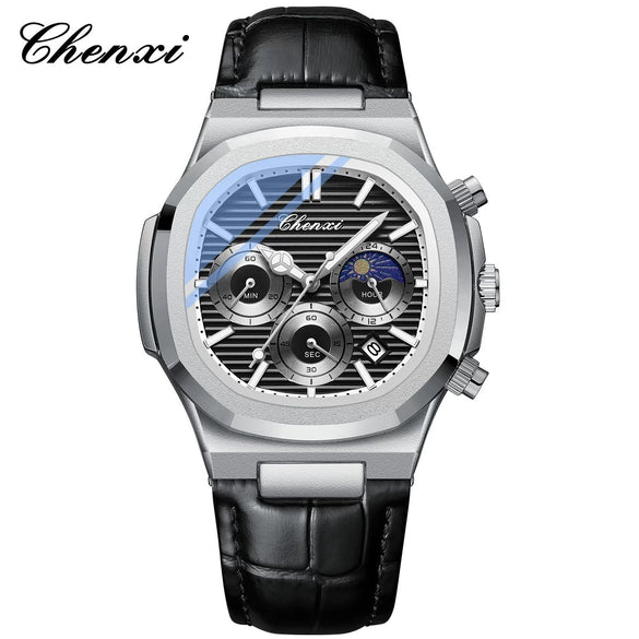 Men's Stainless Steel Octagonal Business Quartz Watch With Calendar Moon Phase Chronograph Function