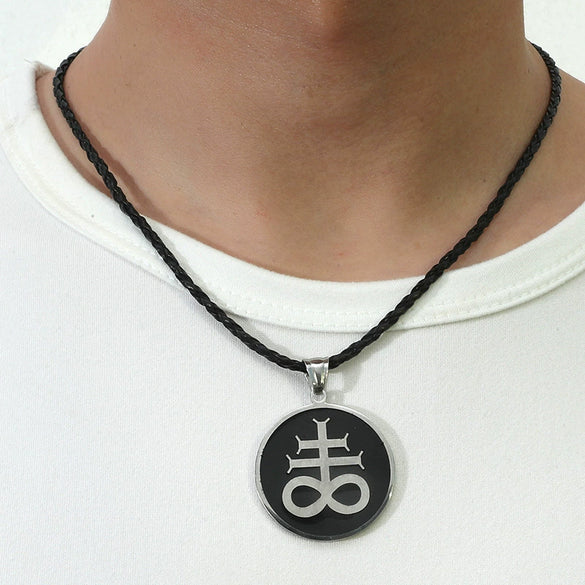 Men's Stainless Steel Plastic And Resin Pendant Leather Rope Necklace With Geometric Pattern