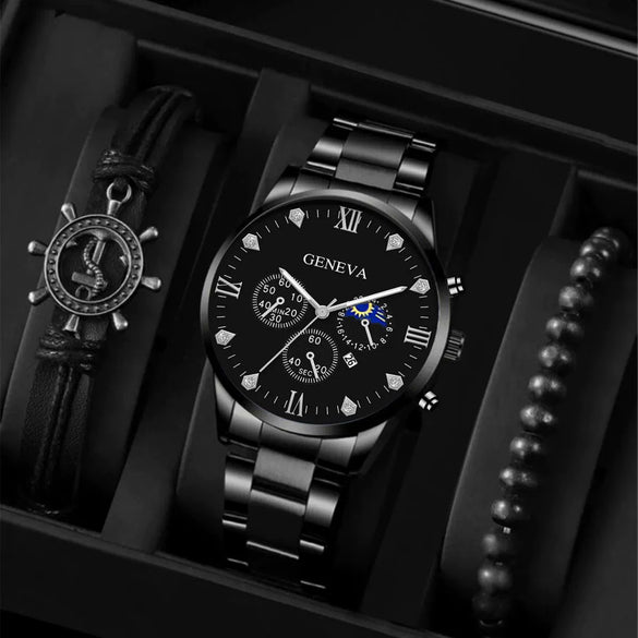 Men's Stainless Steel Quartz Watch Bracelet Set Fashion Round Dial With Printed Logo And Horseshoe Buckle