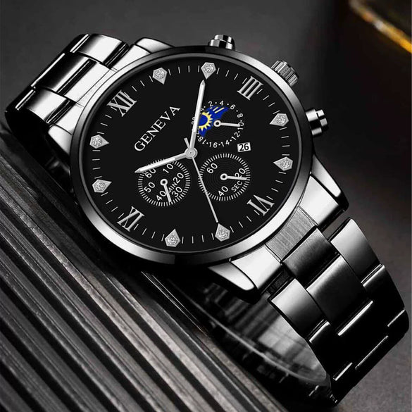 Men's Stainless Steel Quartz Watch Bracelet Set Fashion Round Dial With Printed Logo And Horseshoe Buckle