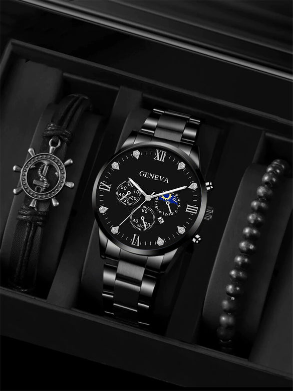 Men's Stainless Steel Quartz Watch Bracelet Set Fashion Round Dial With Printed Logo And Horseshoe Buckle