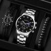 Men's Stainless Steel Quartz Watch Bracelet Set Fashion Round Dial With Printed Logo And Horseshoe Buckle
