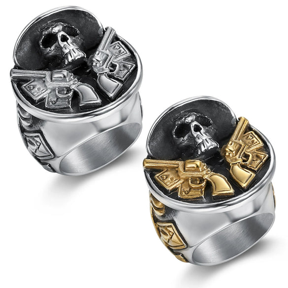 Men's Stainless Steel Retro Skull Ring With Double Gun Pattern And Electroplating
