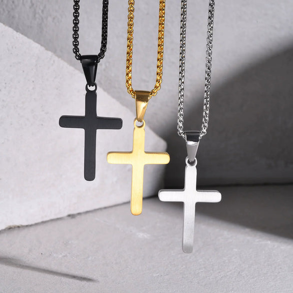 Men's Stainless Steel Sand Face Cross Pendant Necklace Electroplated