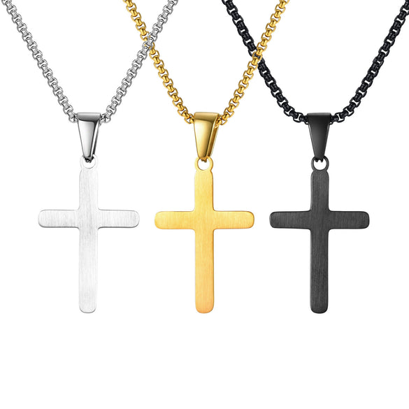 Men's Stainless Steel Sand Face Cross Pendant Necklace Electroplated