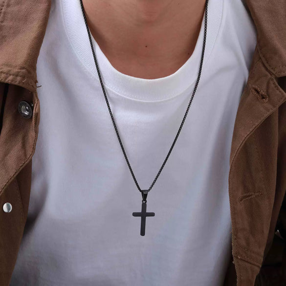 Men's Stainless Steel Sand Face Cross Pendant Necklace Electroplated