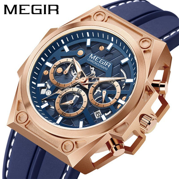 Men's Stainless Steel Silicone Luminous Chronograph Hollow Quartz Round Dial Watch
