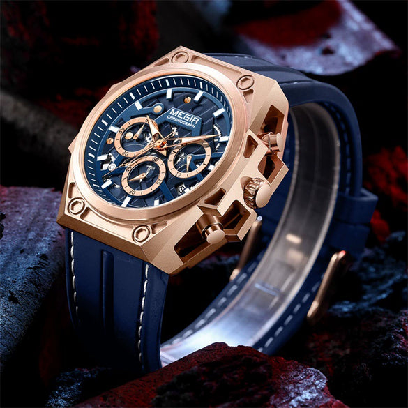 Men's Stainless Steel Silicone Luminous Chronograph Hollow Quartz Round Dial Watch