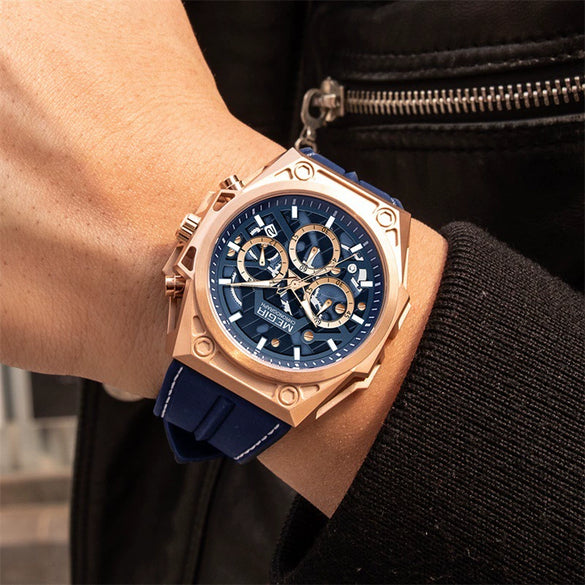 Men's Stainless Steel Silicone Luminous Chronograph Hollow Quartz Round Dial Watch