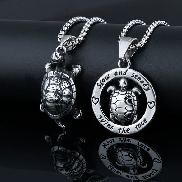 Men's Stainless Steel Turtle Pendant Necklace With Polished Finish And Retro Motorcycle Style Animal Design