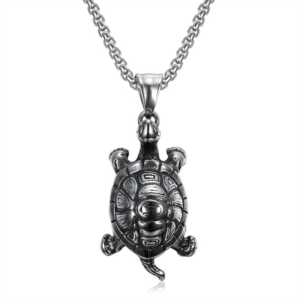 Men's Stainless Steel Turtle Pendant Necklace With Polished Finish And Retro Motorcycle Style Animal Design