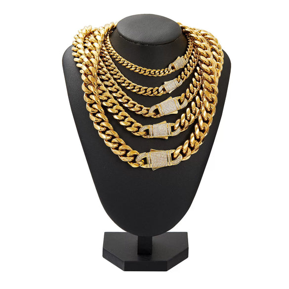 Men's Stainless Steel Vervain Chain Necklace With Geometric Style Microinlaid Zircon Copper Buckle Polished And Electroplated