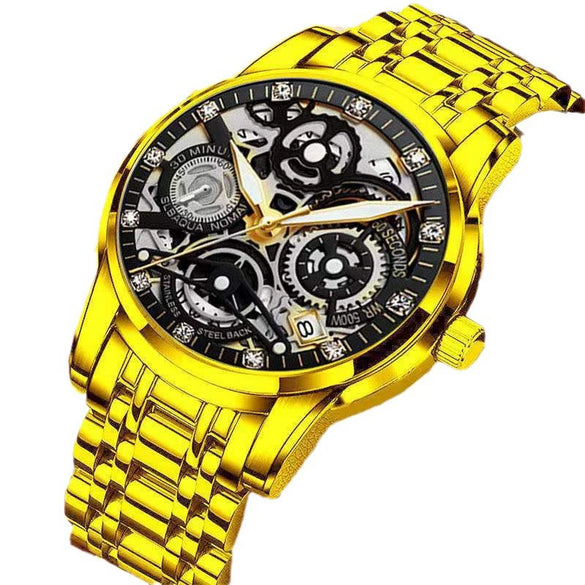 Men's Steel Watch Quartz Movement Waterproof Luminous Hollow Round Dial