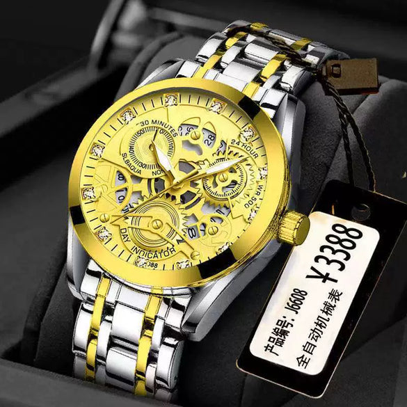 Men's Steel Watch Quartz Movement Waterproof Luminous Hollow Round Dial
