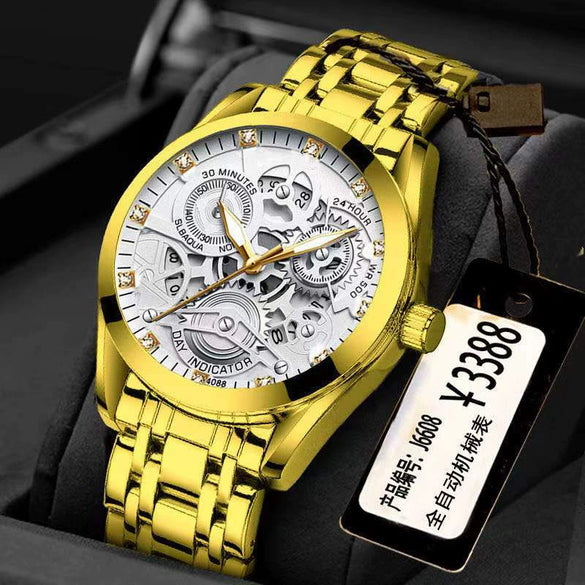 Men's Steel Watch Quartz Movement Waterproof Luminous Hollow Round Dial