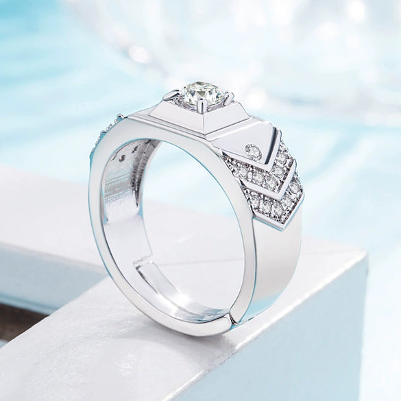 Men's Sterling Silver Adjustable Geometric Ring With Inlaid Zircon Simple Classic Electroplated Jewelry